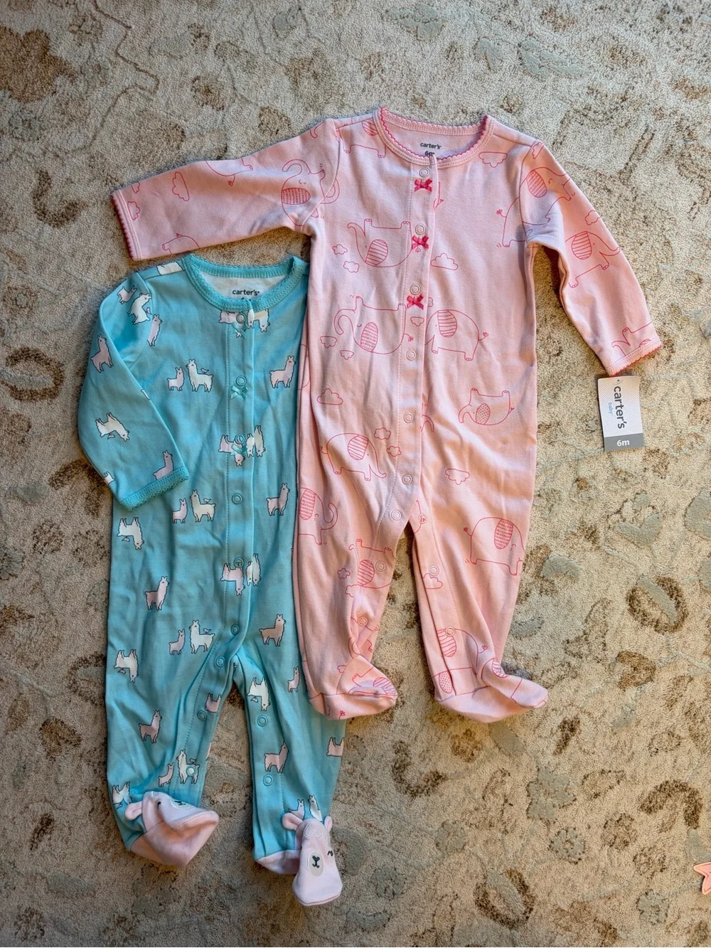 Carter's Pink Elephant & Blue Llama Baby Footed One-Pieces: Set of 2